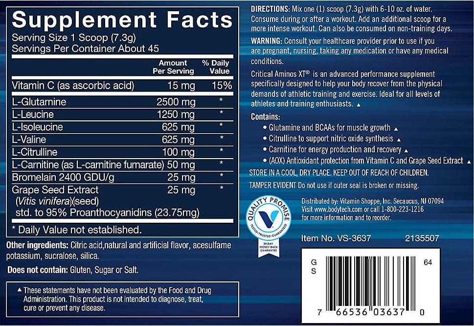 BodyTech Critical Aminos XT, Sweet Tea Flavor, Intra/Post Workout, Supports Muscle Recovery (15.5 Ounces Powder)