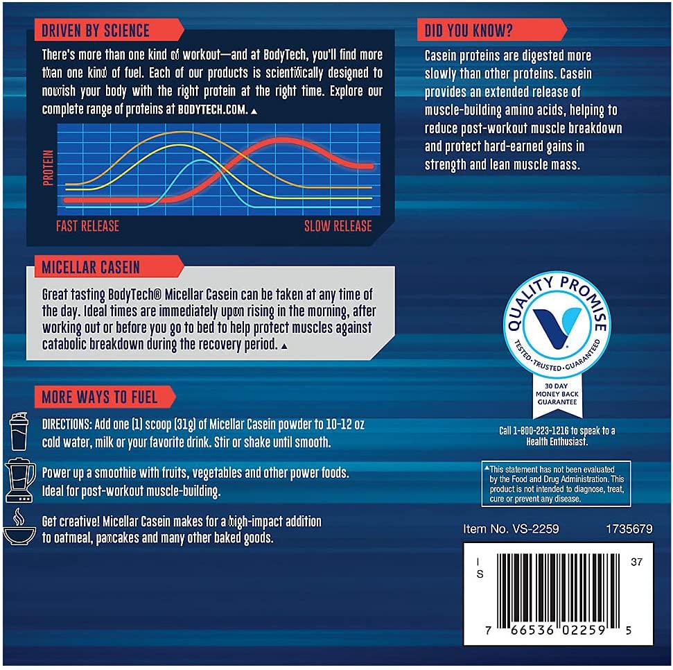 BodyTech Micellar Casein Protein Powder, Slow Release for Overnight Muscle Recovery 24 Grams of Protein per Serving French Vanilla (2 Pound)