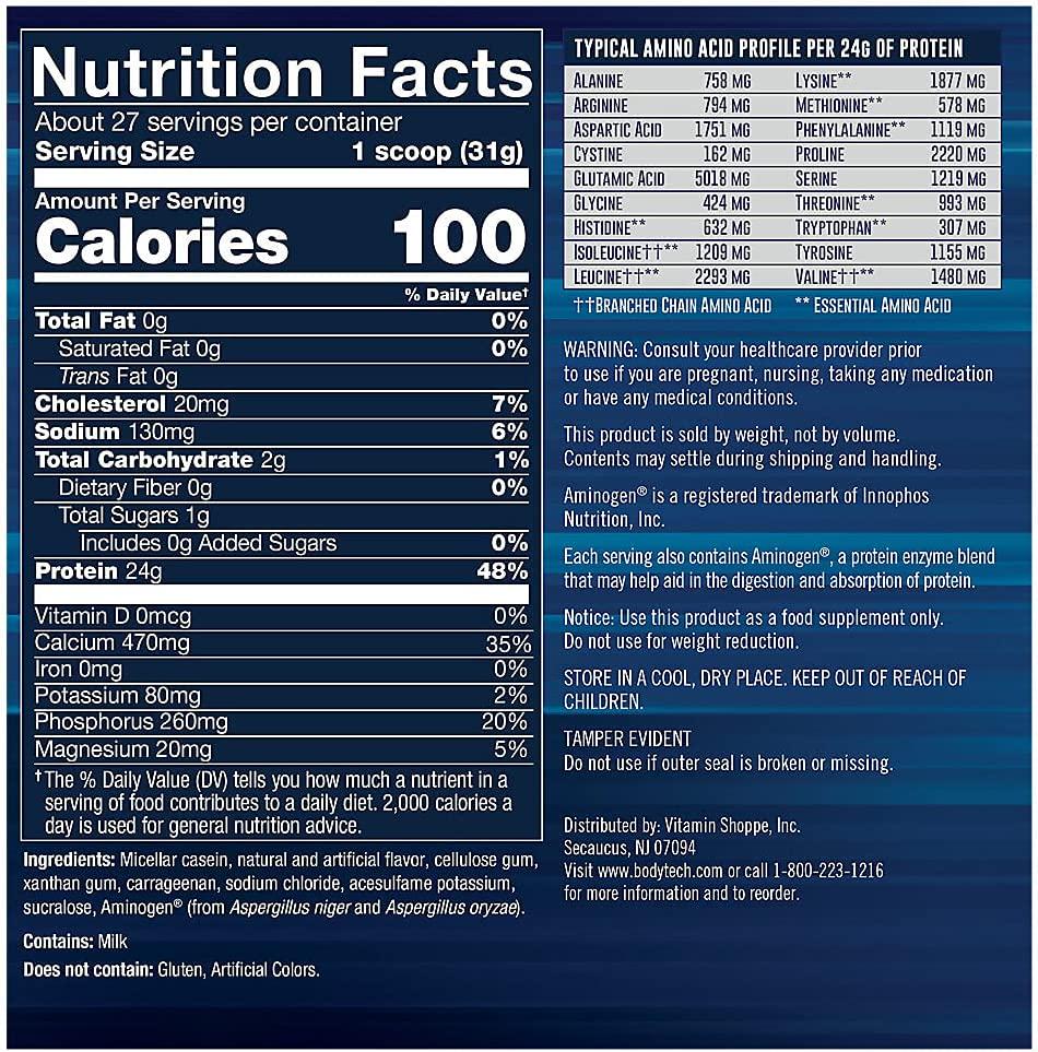 BodyTech Micellar Casein Protein Powder, Slow Release for Overnight Muscle Recovery 24 Grams of Protein per Serving French Vanilla (2 Pound)