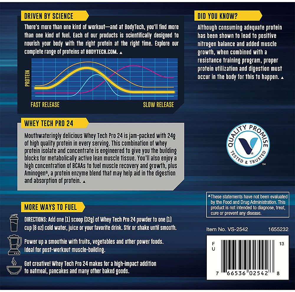 BodyTech Whey Tech Pro 24 Protein Powder Protein Enzyme Blend with BCAA's to Fuel Muscle Growth Recovery, Ideal for PostWorkout Muscle Building Rich Chocolate (2 Pound)