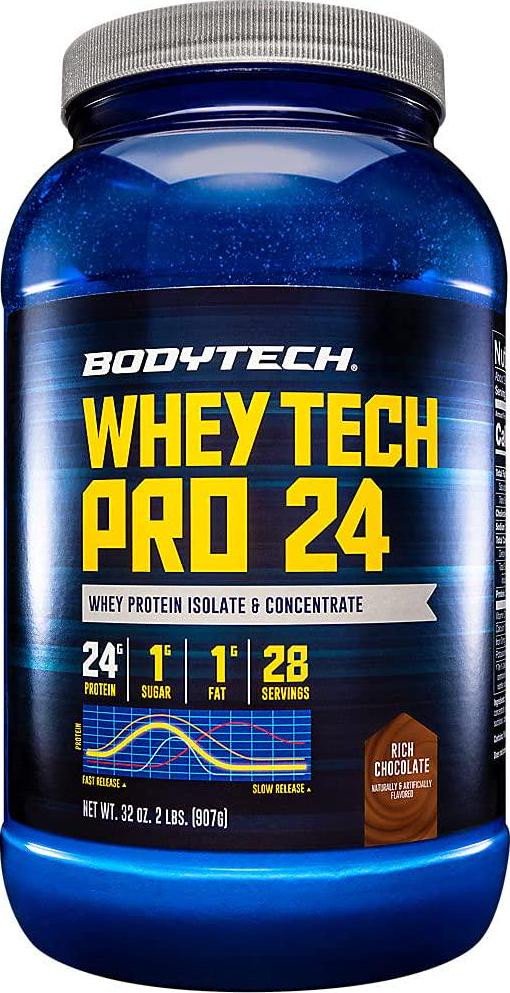 BodyTech Whey Tech Pro 24 Protein Powder Protein Enzyme Blend with BCAA's to Fuel Muscle Growth Recovery, Ideal for PostWorkout Muscle Building Rich Chocolate (2 Pound)