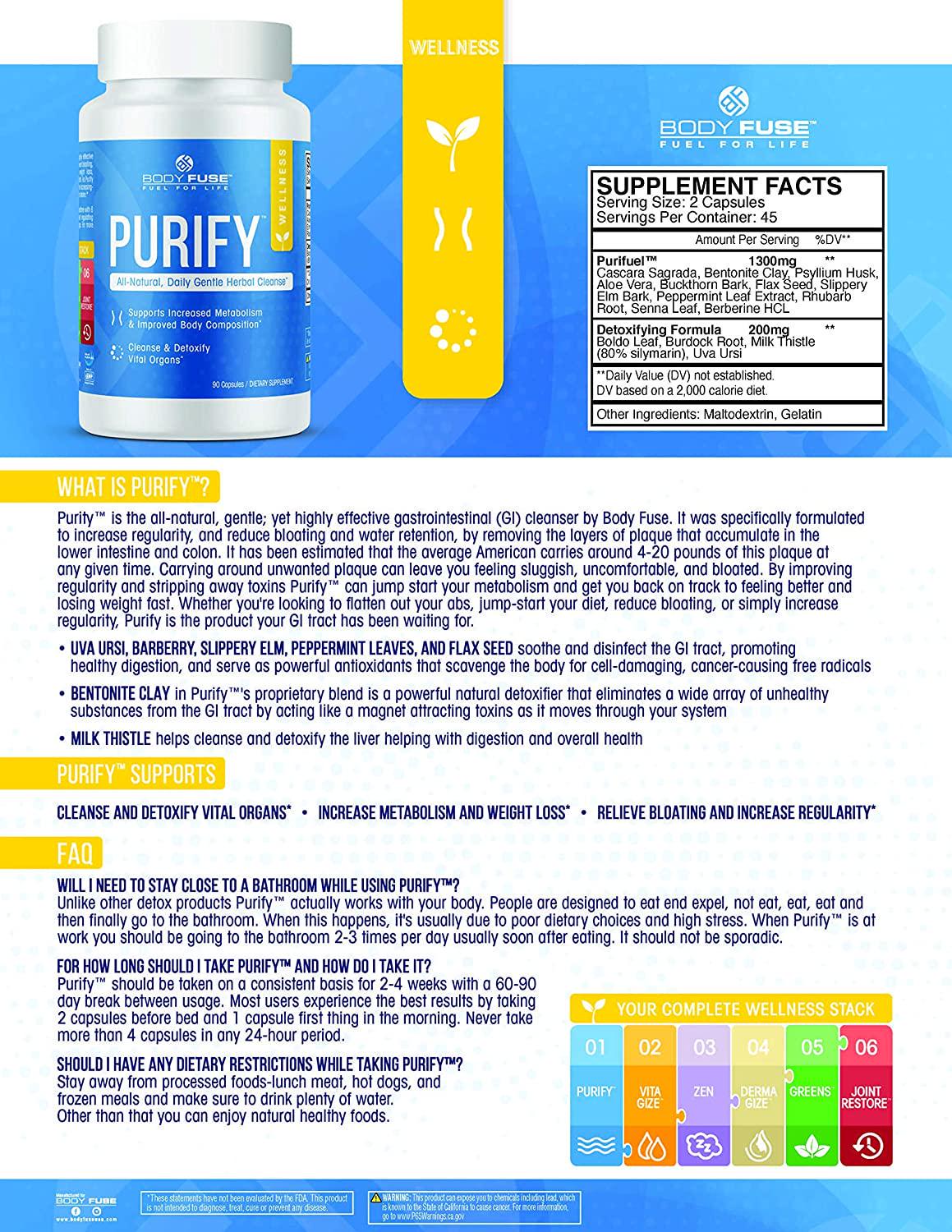 Body Fuse Purify | All Natural Daily Herbal Cleanse | Internal Organ and GI Detox | Water Cut | 30 SERVINGS