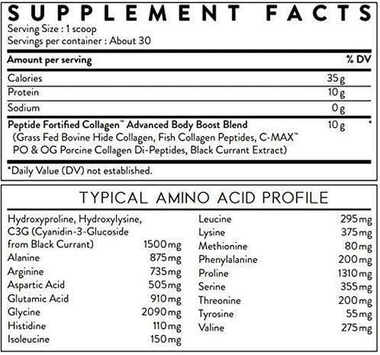 Body Kitchen - Advanced Body Boost, Collagen Peptides Powder (Type I, III) for Skin Hair Nail Joint, Hydrolyzed Collagen, Grass Fed, Dairy, Gluten Free, Unflavored, 30 Servings