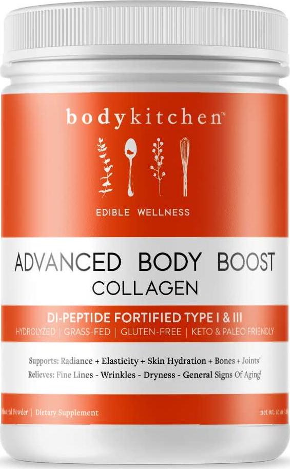 Body Kitchen - Advanced Body Boost, Collagen Peptides Powder (Type I, III) for Skin Hair Nail Joint, Hydrolyzed Collagen, Grass Fed, Dairy, Gluten Free, Unflavored, 30 Servings