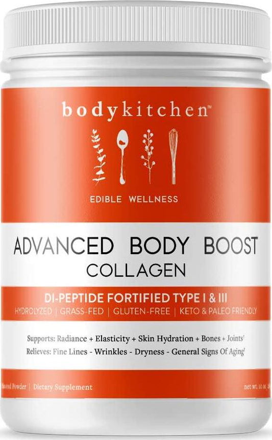 Body Kitchen - Advanced Body Boost, Collagen Peptides Powder (Type I, III) for Skin Hair Nail Joint, Hydrolyzed Collagen, Grass Fed, Dairy, Gluten Free, Unflavored, 30 Servings