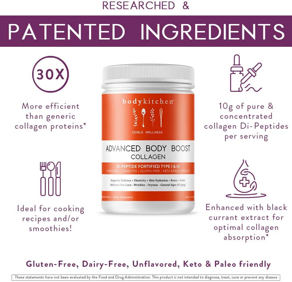 Body Kitchen - Advanced Body Boost, Collagen Peptides Powder (Type I, III) for Skin Hair Nail Joint, Hydrolyzed Collagen, Grass Fed, Dairy, Gluten Free, Unflavored, 30 Servings