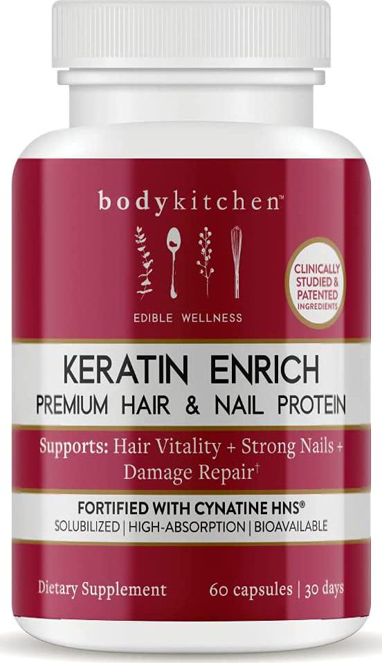 Body Kitchen, Keratin Enrich, Hair and Nails Supplement, Supports Healthy Thickness and Shine with Biotin, High-Absorption, 60ct
