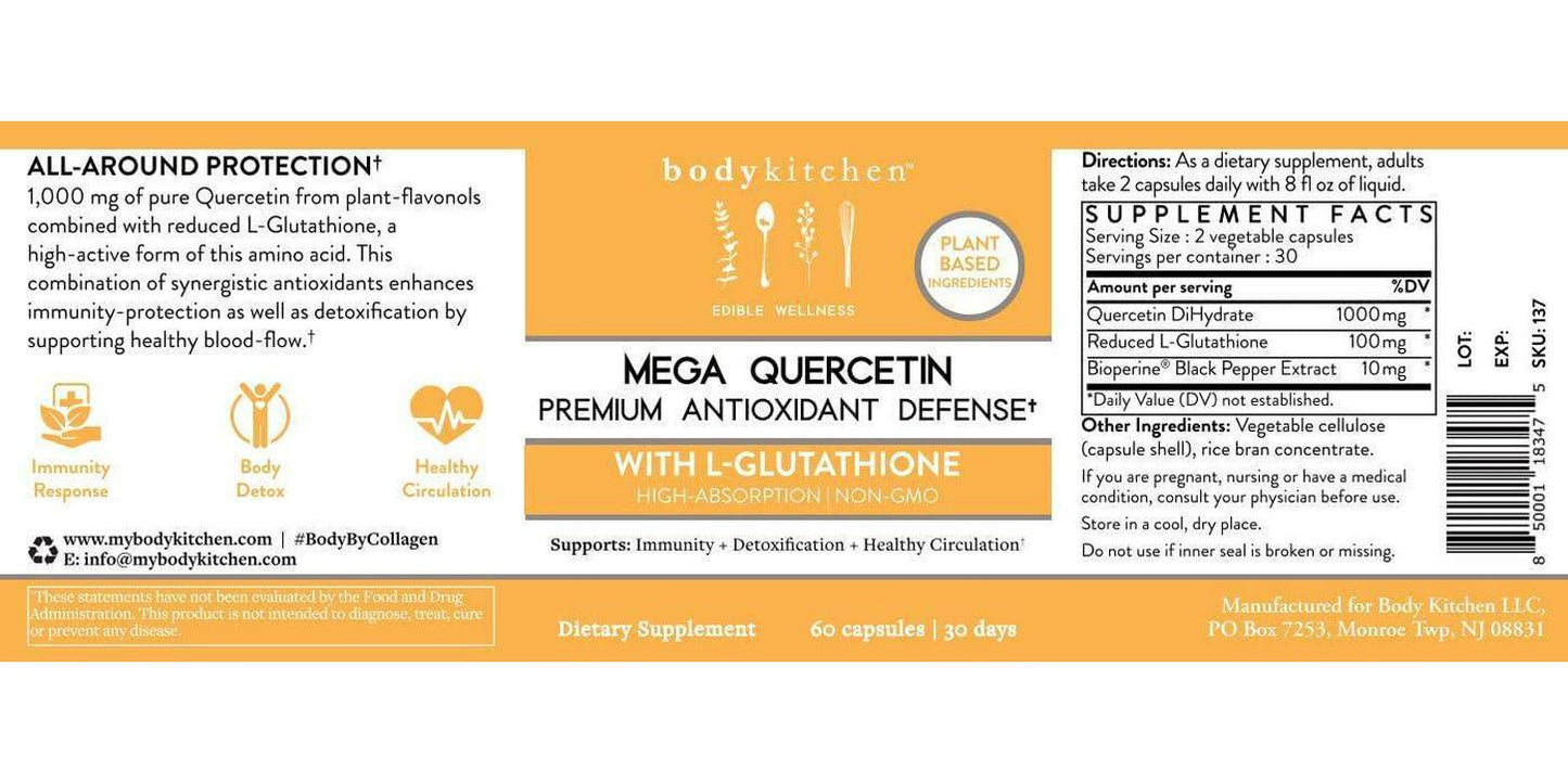 Body Kitchen - Mega Quercetin 1000mg with L-Glutathione, High Absorption, Supports Immune, Cardiovascular Health and Detox, Non-GMO, Veggie Caps, 60 Count