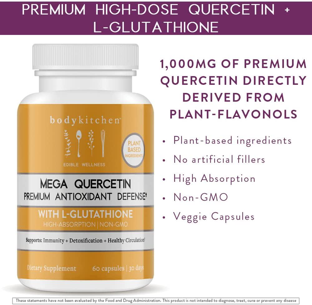 Body Kitchen - Mega Quercetin 1000mg with L-Glutathione, High Absorption, Supports Immune, Cardiovascular Health and Detox, Non-GMO, Veggie Caps, 60 Count