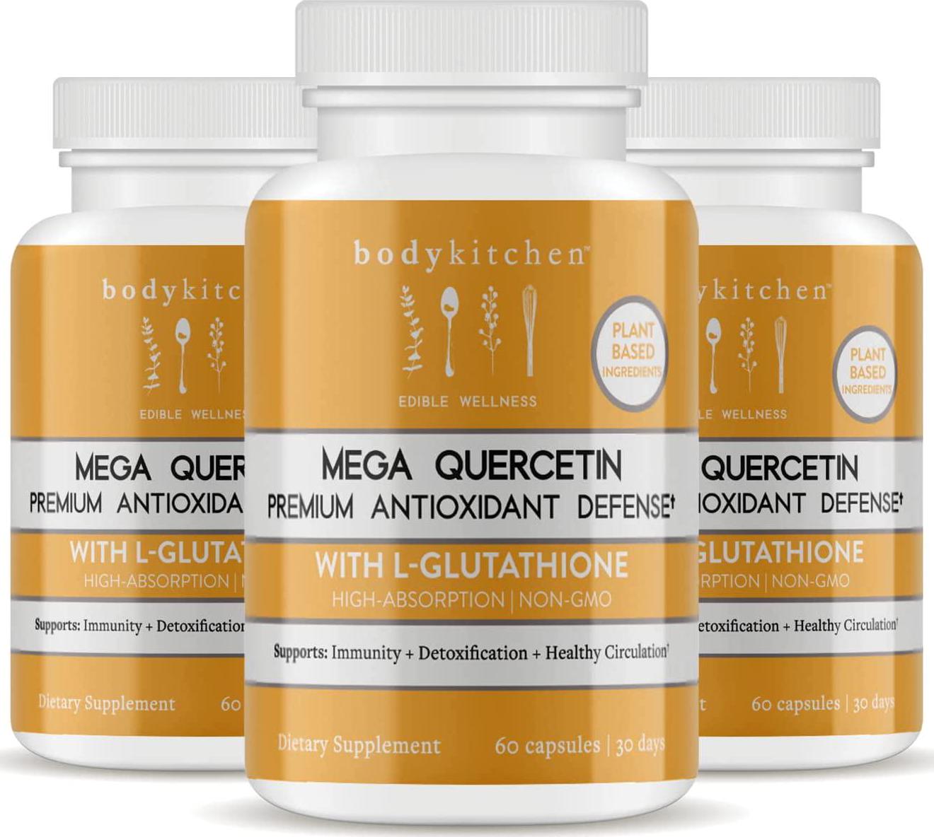 Body Kitchen - Mega Quercetin 1000mg with L-Glutathione, Complete Respiratory Support, Promotes NAC Production, Supports Immune, Cardiovascular Health and Detox, Non-GMO, Veggie Caps, 3 Pack