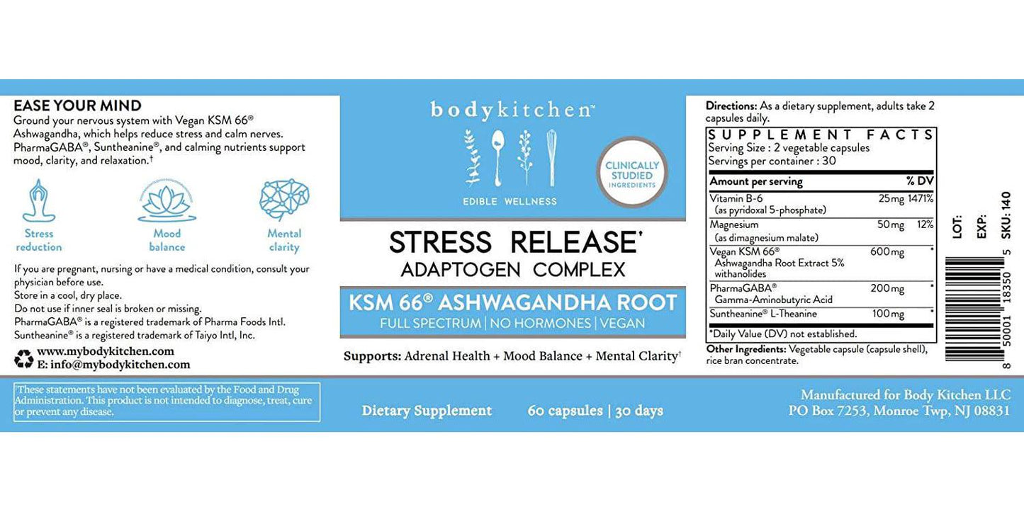 Body Kitchen - Stress Release, Daily Stress, Mood, Sleep Supplement, KSM 66, PharmaGABA, Suntheanine L-Theanine, Vitamin B-6, Magnesium, Vegan, Veggie Caps, 60 Count