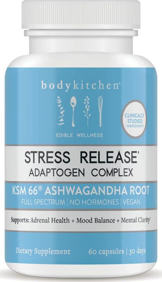 Body Kitchen - Stress Release, Daily Stress, Mood, Sleep Supplement, KSM 66, PharmaGABA, Suntheanine L-Theanine, Vitamin B-6, Magnesium, Vegan, Veggie Caps, 60 Count