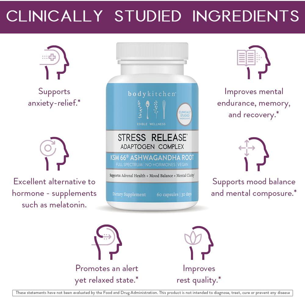 Body Kitchen - Stress Release, Daily Stress, Mood, Sleep Supplement, KSM 66, PharmaGABA, Suntheanine L-Theanine, Vitamin B-6, Magnesium, Vegan, Veggie Caps, 60 Count