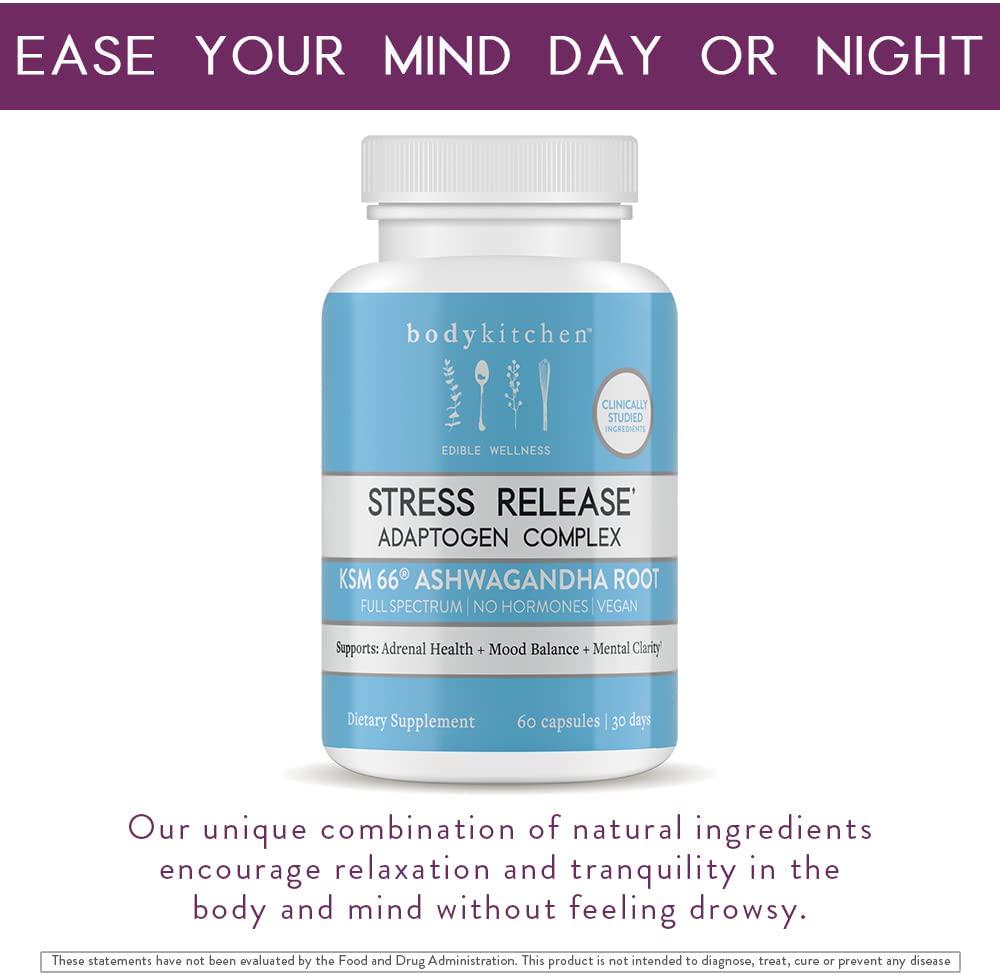 Body Kitchen - Stress Release, Daily Stress, Mood, Sleep Supplement, KSM 66, PharmaGABA, Suntheanine L-Theanine, Vitamin B-6, Magnesium, Vegan, Veggie Caps, 60 Count