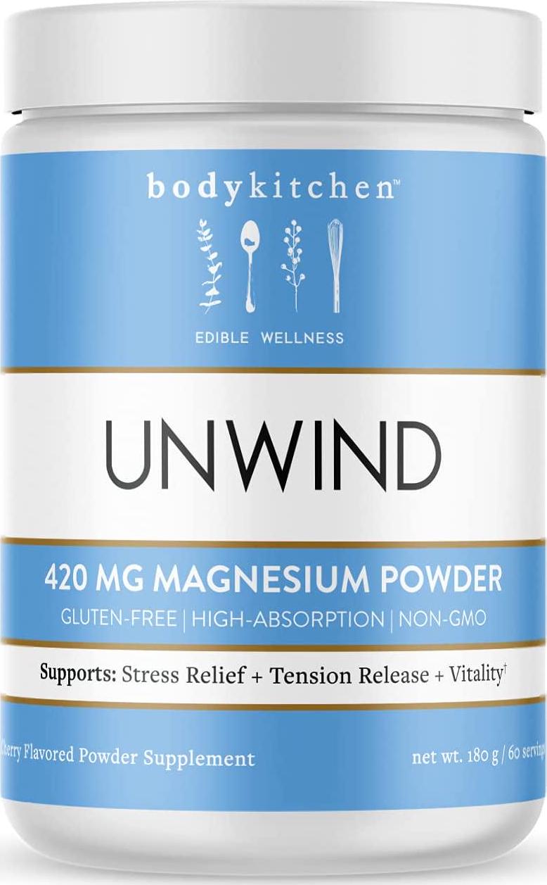 Body Kitchen - Unwind, Dimagnesium Malate, Magnesium Bisglycinate 420mg, Anti-Stress Magnesium Supplement Drink Mix Powder - Cherry, Vegan, Gluten Free and Non-GMO, 60 Servings