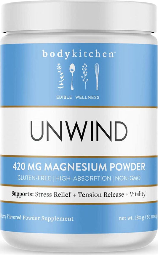 Body Kitchen - Unwind, Dimagnesium Malate, Magnesium Bisglycinate 420mg, Anti-Stress Magnesium Supplement Drink Mix Powder - Cherry, Vegan, Gluten Free and Non-GMO, 60 Servings