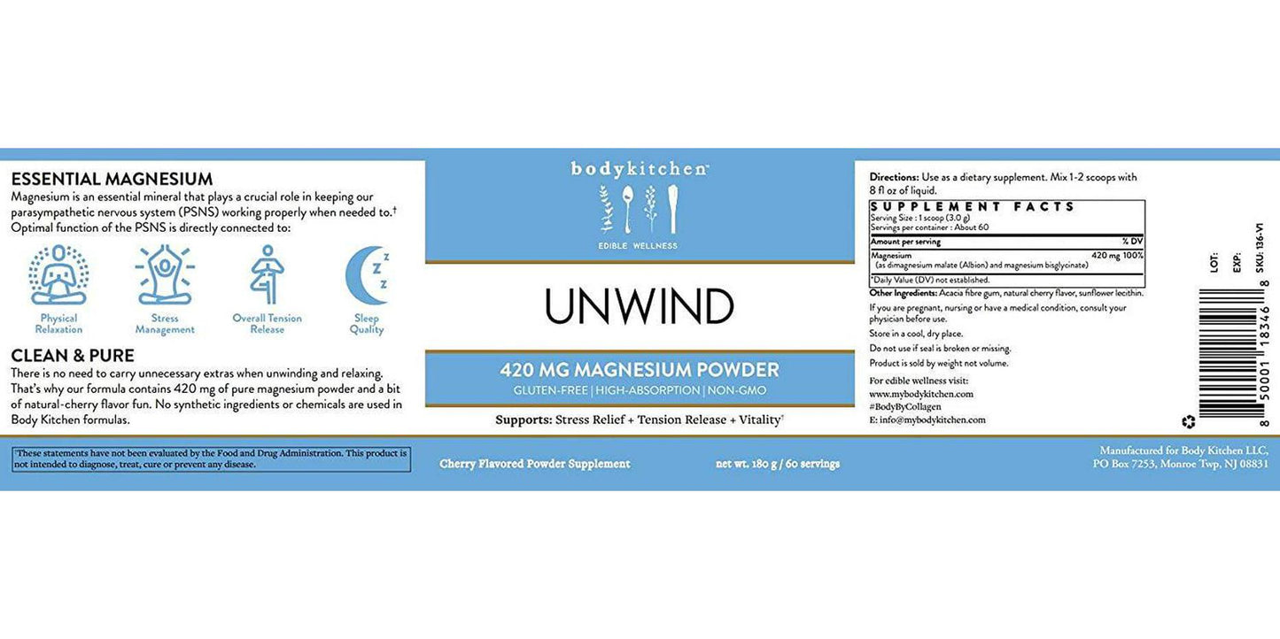 Body Kitchen - Unwind, Dimagnesium Malate, Magnesium Bisglycinate 420mg, Anti-Stress Magnesium Supplement Drink Mix Powder - Cherry, Vegan, Gluten Free and Non-GMO, 60 Servings