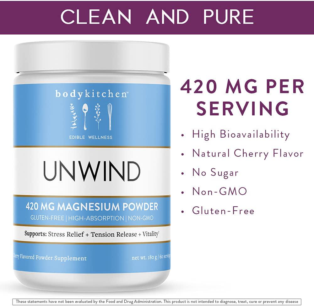 Body Kitchen - Unwind, Dimagnesium Malate, Magnesium Bisglycinate 420mg, Anti-Stress Magnesium Supplement Drink Mix Powder - Cherry, Vegan, Gluten Free and Non-GMO, 60 Servings