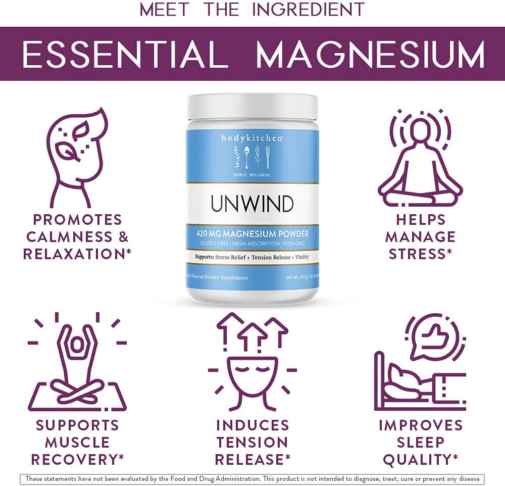 Body Kitchen - Unwind, Dimagnesium Malate, Magnesium Bisglycinate 420mg, Anti-Stress Magnesium Supplement Drink Mix Powder - Cherry, Vegan, Gluten Free and Non-GMO, 60 Servings