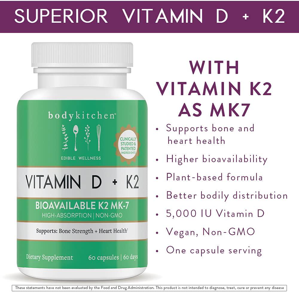 Body Kitchen - Vitamin D + K2 (MK7) Supplement, Bone and Hearth Health, Non-GMO, Plant Based, 5000 IU Vitamin D and 180 mcg Vitamin K2 MK-7, Easy to Swallow, 60 Count