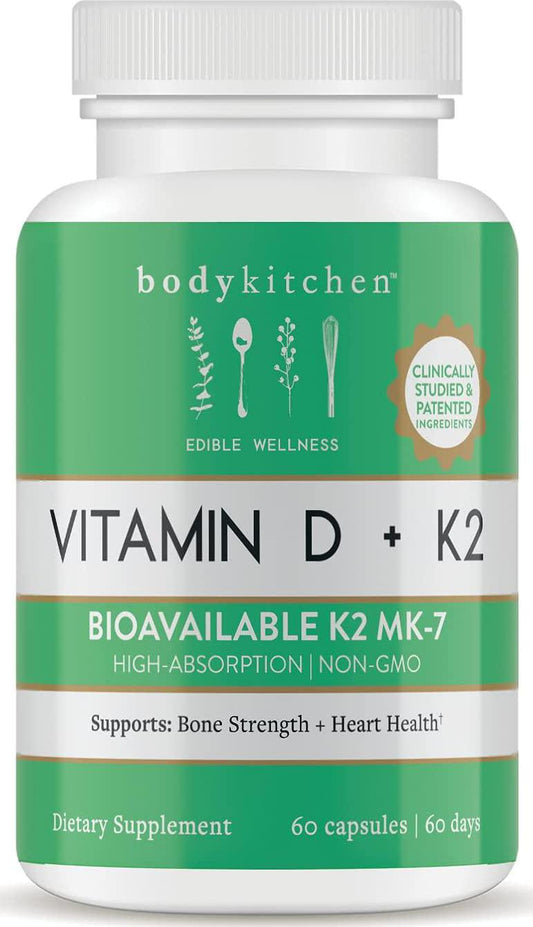 Body Kitchen - Vitamin D + K2 (MK7) Supplement, Bone and Hearth Health, Non-GMO, Plant Based, 5000 IU Vitamin D and 180 mcg Vitamin K2 MK-7, Easy to Swallow, 60 Count