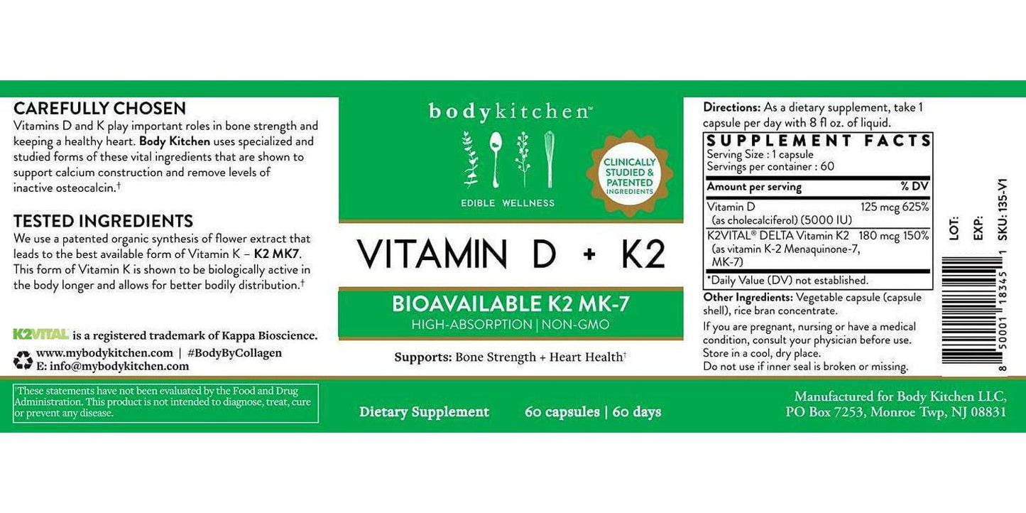 Body Kitchen - Vitamin D + K2 (MK7) Supplement, Bone and Hearth Health, Non-GMO, Plant Based, 5000 IU Vitamin D and 180 mcg Vitamin K2 MK-7, Easy to Swallow, 60 Count