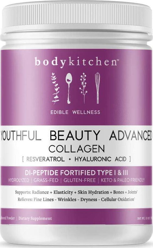 Body Kitchen – Youthful Beauty Advanced, Collagen Peptides Powder (Type I, III) for Skin Hair Nail Joint, Resveratrol and Hyaluronic Acid for Anti-Aging, Grass Fed, Unflavored, 30 Servings