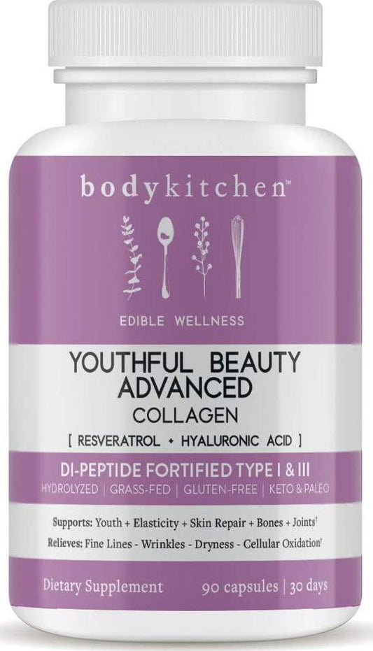 Body Kitchen – Youthful Beauty Advanced, Collagen Peptides Capsules (Type I, III) for Skin Hair Nail Joint, Resveratrol and Hyaluronic Acid for Anti-Aging and Antioxidant Support, Grass Fed, 30 Servings