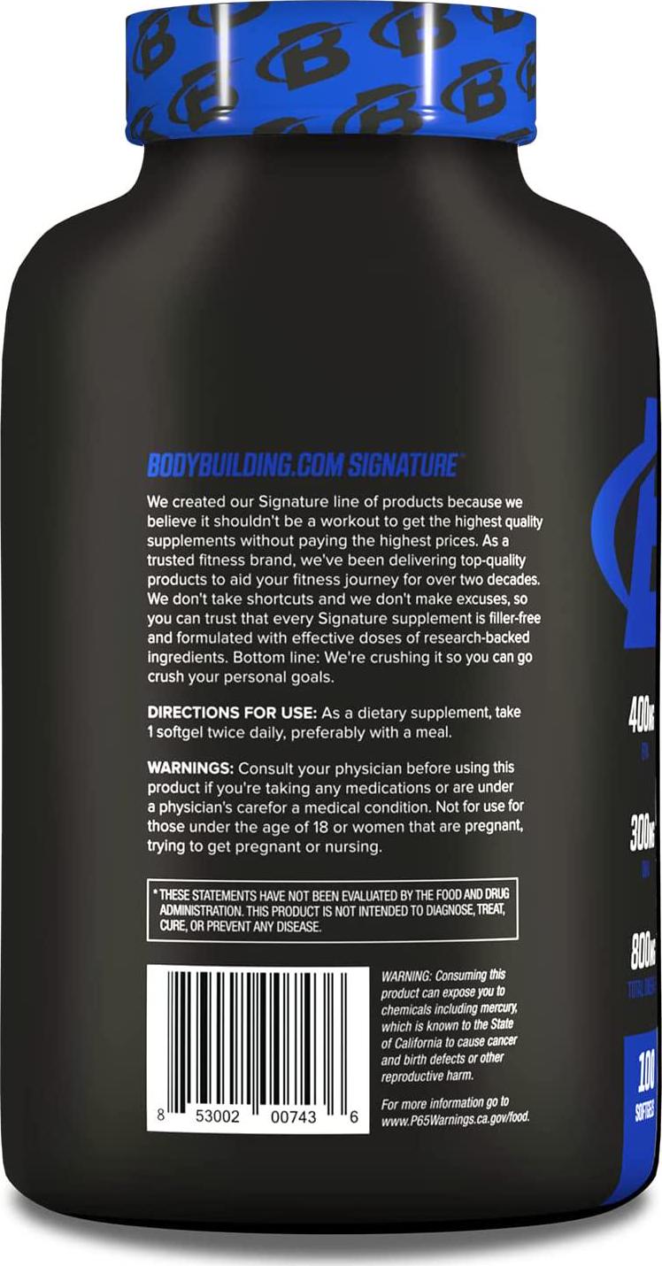 Bodybuilding Signature Fish Oil Lemon Softgels | 400 MG EPA 300 MG DHA | Omega-3 Supplement | Brain Heart Joint Health | 100 Count