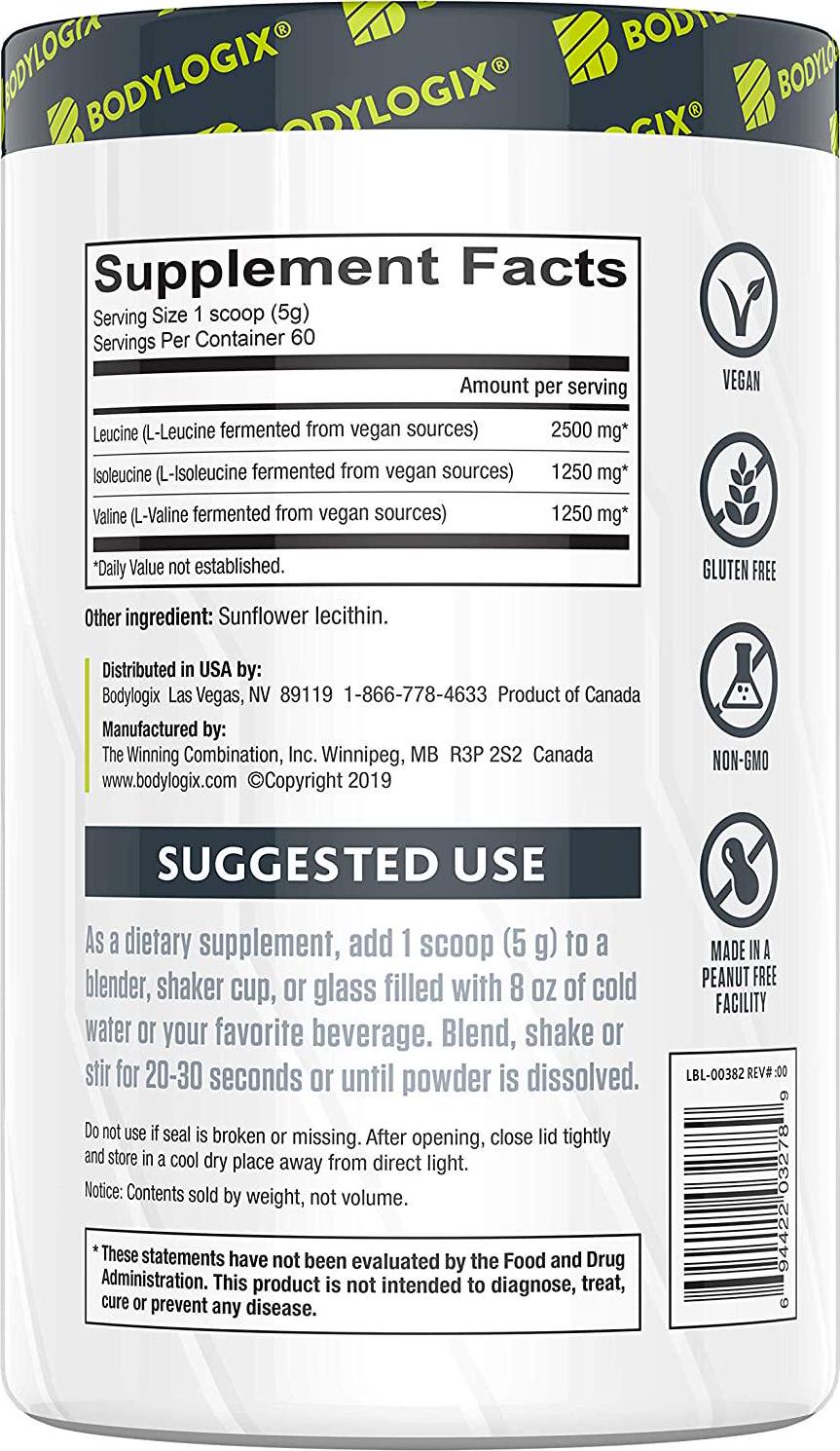 Bodylogix Fermented BCAA Powder, NSF Certified, Unflavored, 300g