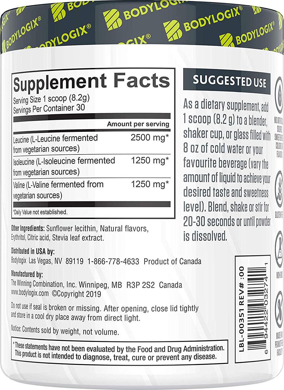 Bodylogix Natural BCAA Powder, NSF Certified, Green Apple, 30 Servings