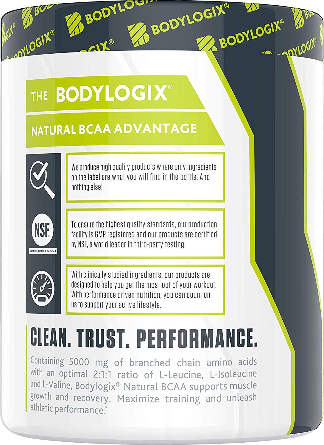 Bodylogix Natural BCAA Powder, NSF Certified, Green Apple, 30 Servings