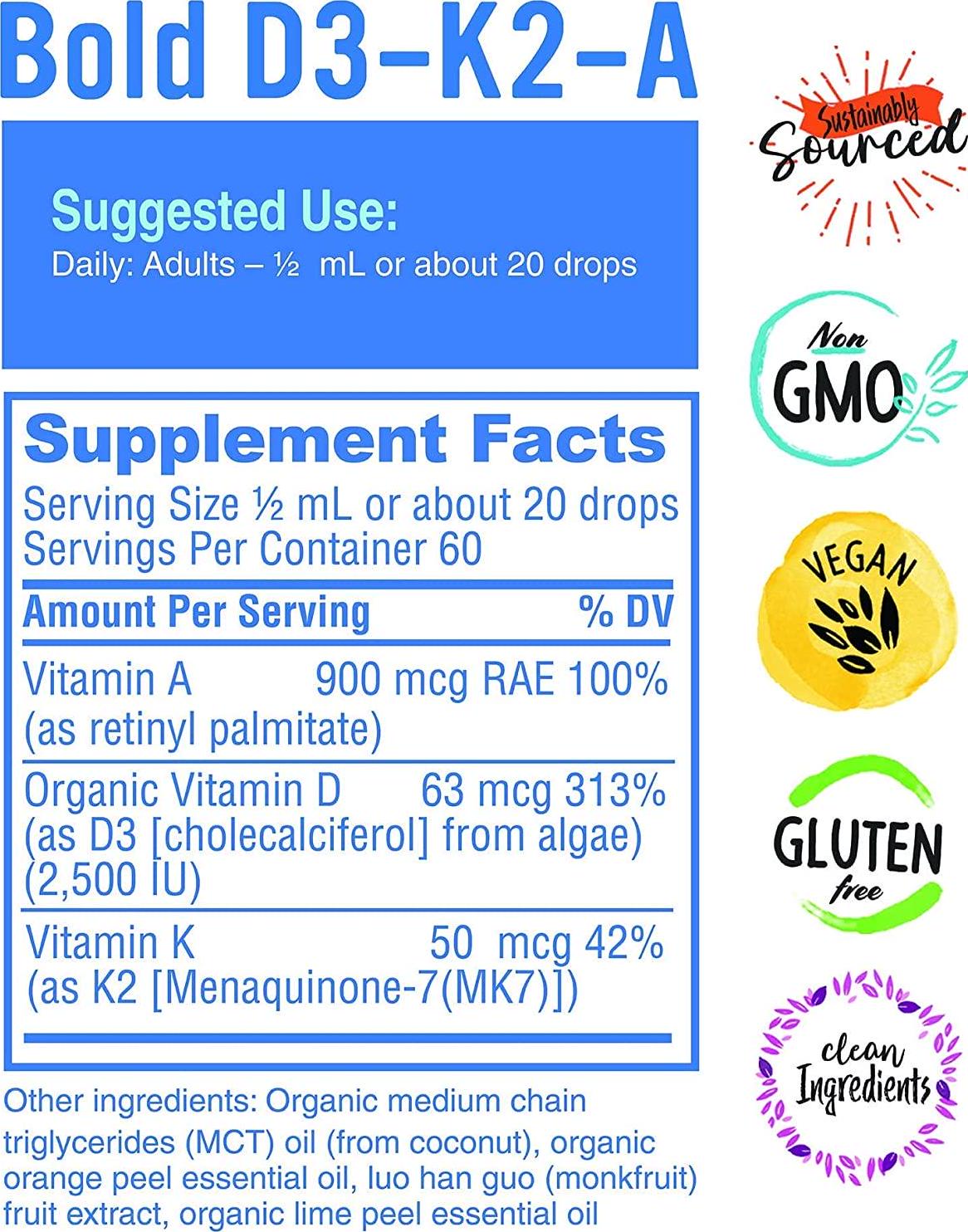 Bold Botanica D3-K2-A - 3-in-1 Complex Liquid Vitamin - Vegan Vitamin D3 with Vitamin K2 and Vitamin A Dietary Supplement - 1 FL OZ. (30mL)