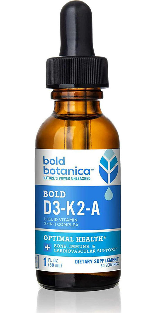Bold Botanica D3-K2-A - 3-in-1 Complex Liquid Vitamin - Vegan Vitamin D3 with Vitamin K2 and Vitamin A Dietary Supplement - 1 FL OZ. (30mL)