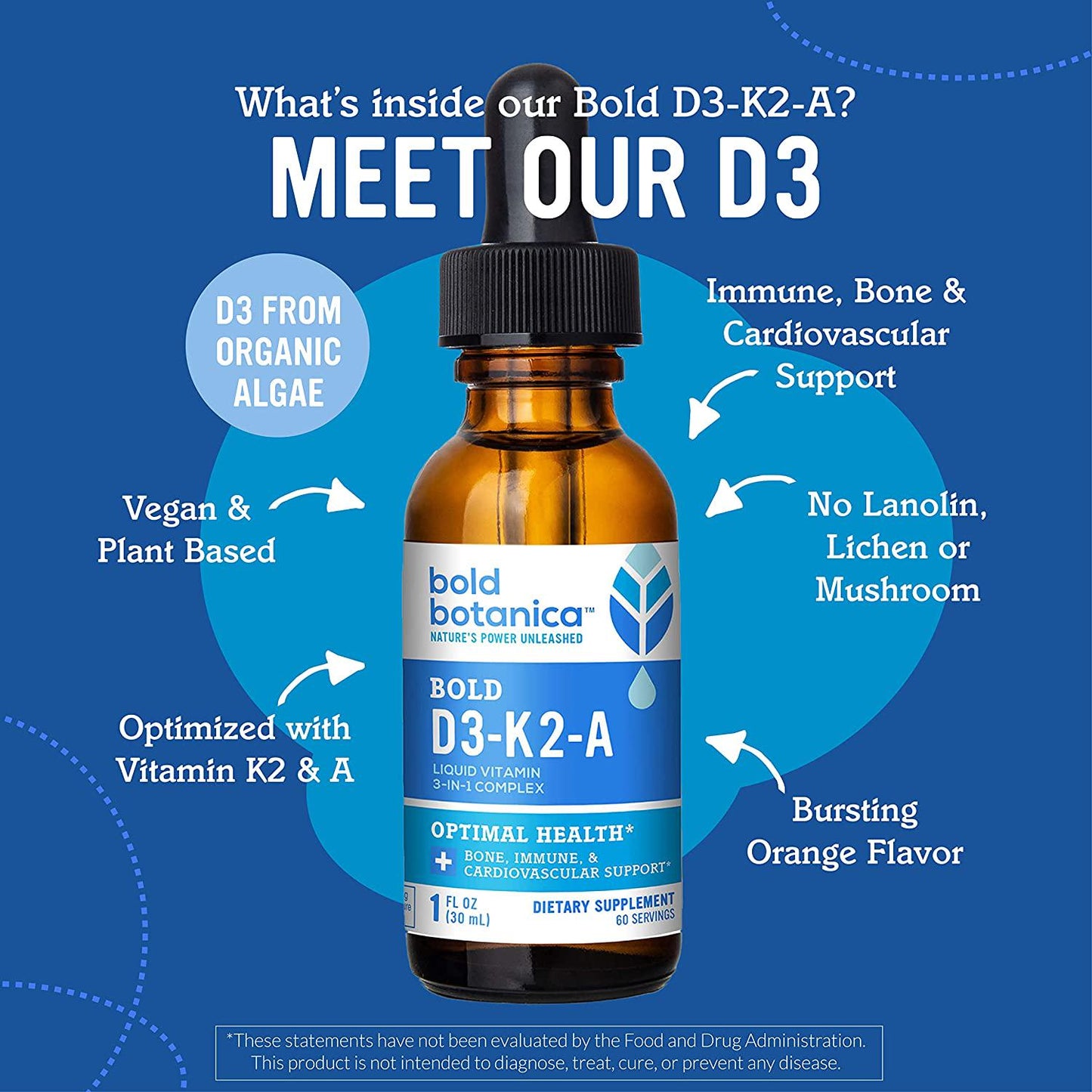 Bold Botanica D3-K2-A - 3-in-1 Complex Liquid Vitamin - Vegan Vitamin D3 with Vitamin K2 and Vitamin A Dietary Supplement - 1 FL OZ. (30mL)