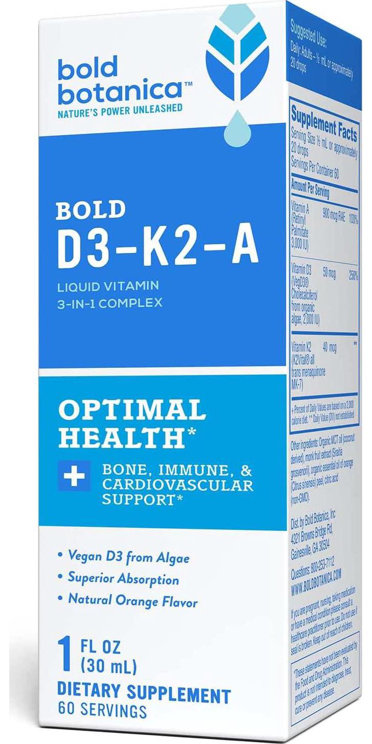 Bold Botanica D3-K2-A - 3-in-1 Complex Liquid Vitamin - Vegan Vitamin D3 with Vitamin K2 and Vitamin A Dietary Supplement - 1 FL OZ. (30mL)