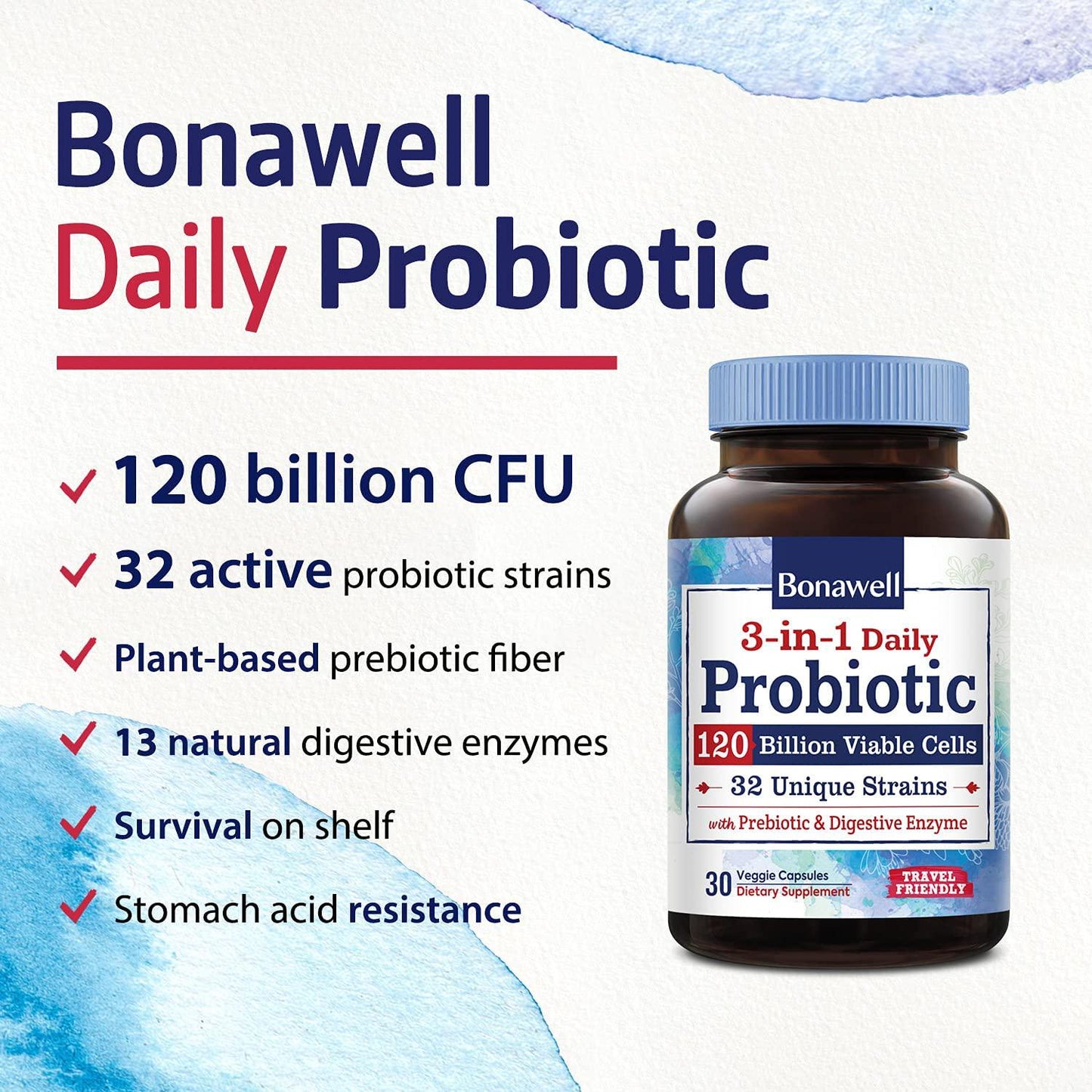 BonaFine 3-in-1 Daily Probiotics 120 Billion CFU 32 Strains with Organic Soluble Prebiotic, Natural Digestive Enzyme for Gut Health, Digestion and Immunity, Shelf-Stable Delayed-Release, 30 Veggie Caps