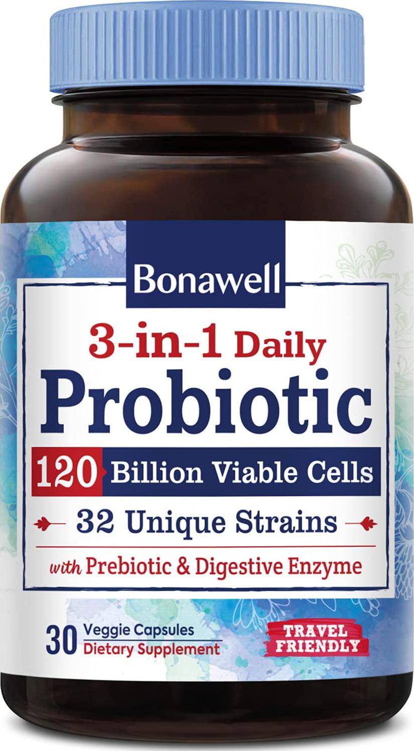 BonaFine 3-in-1 Daily Probiotics 120 Billion CFU 32 Strains with Organic Soluble Prebiotic, Natural Digestive Enzyme for Gut Health, Digestion and Immunity, Shelf-Stable Delayed-Release, 30 Veggie Caps