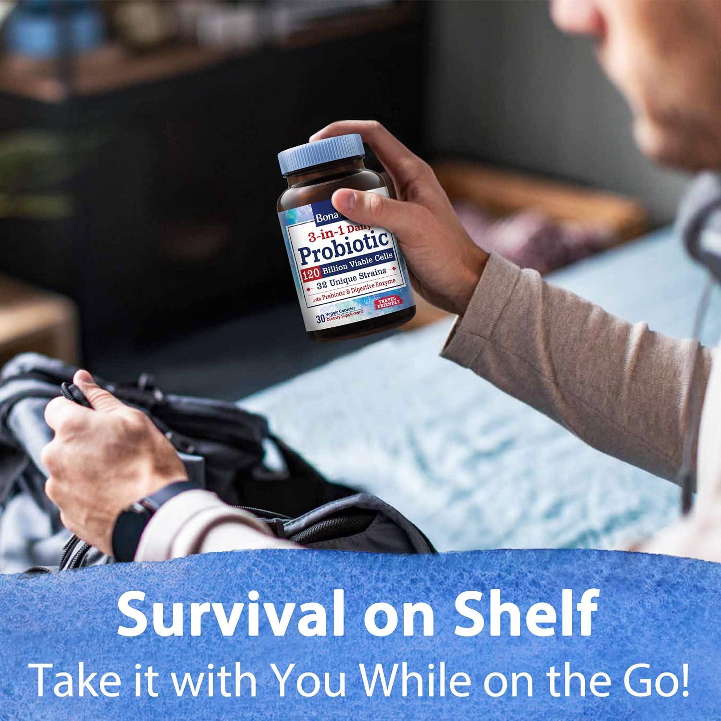 BonaFine 3-in-1 Daily Probiotics 120 Billion CFU 32 Strains with Organic Soluble Prebiotic, Natural Digestive Enzyme for Gut Health, Digestion and Immunity, Shelf-Stable Delayed-Release, 30 Veggie Caps