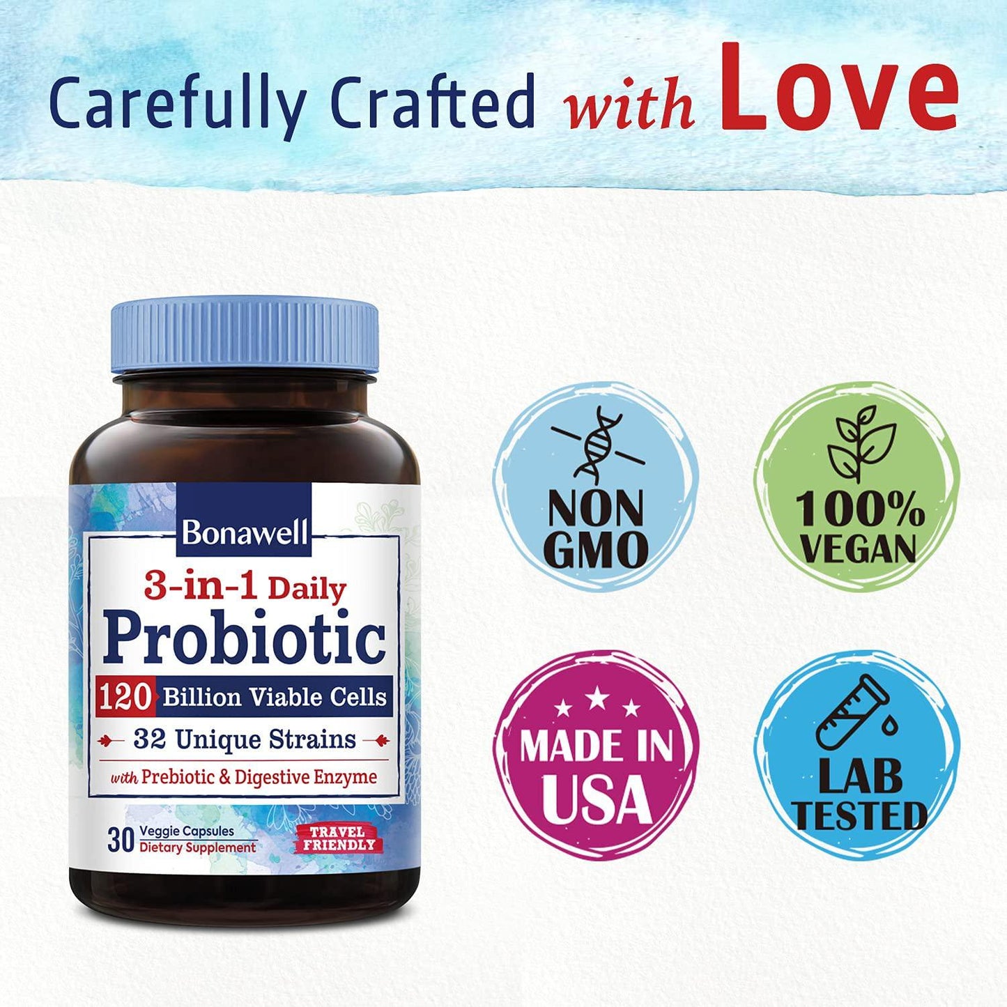 BonaFine 3-in-1 Daily Probiotics 120 Billion CFU 32 Strains with Organic Soluble Prebiotic, Natural Digestive Enzyme for Gut Health, Digestion and Immunity, Shelf-Stable Delayed-Release, 30 Veggie Caps