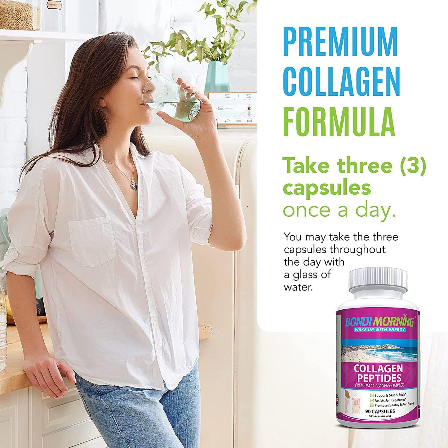 Bondi Morning - Collagen Peptides, Collagen Capsules for Skin and Bone Health, and Joint Support, 90 Capsules