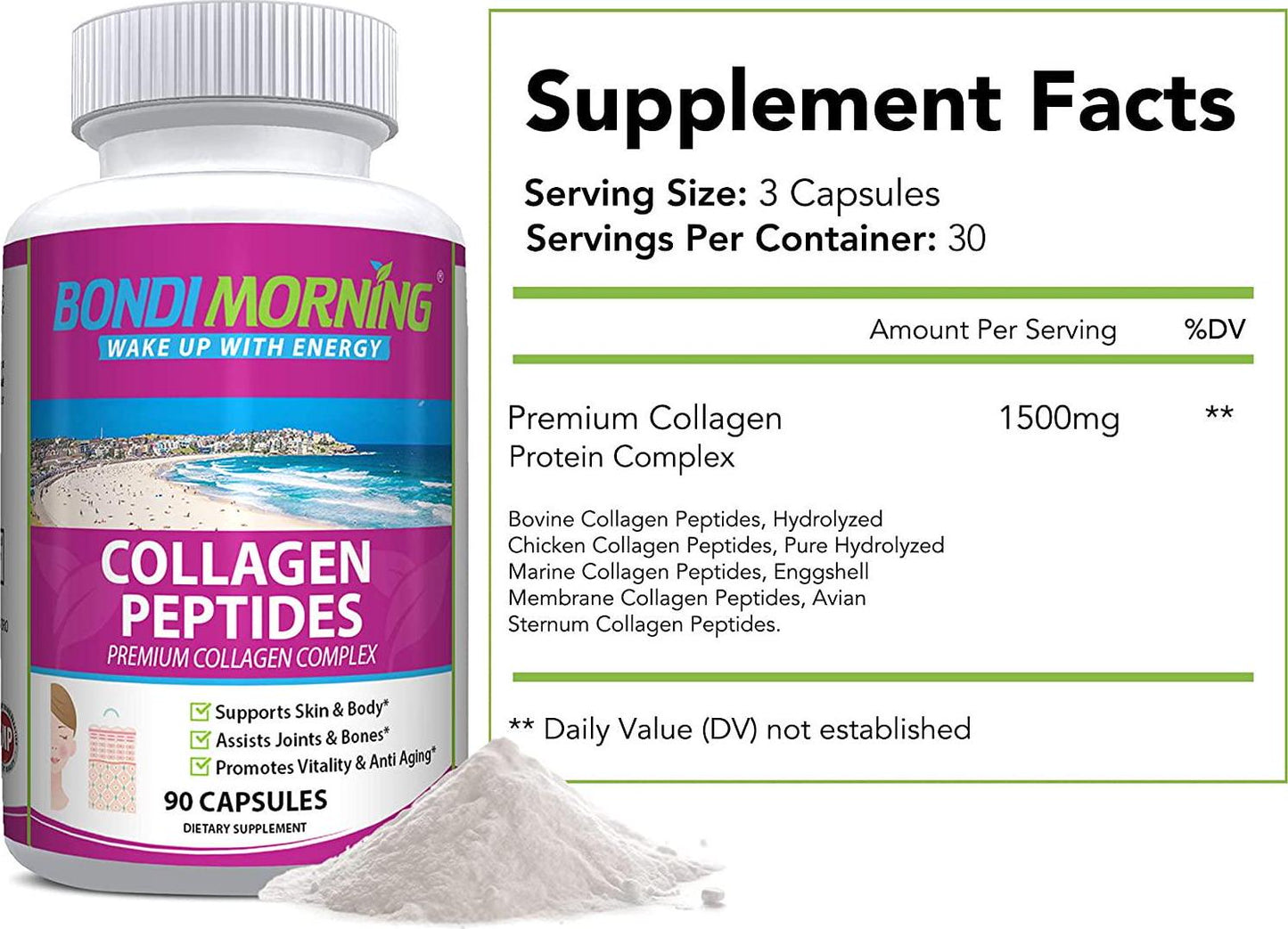 Bondi Morning - Collagen Peptides, Collagen Capsules for Skin and Bone Health, and Joint Support, 90 Capsules