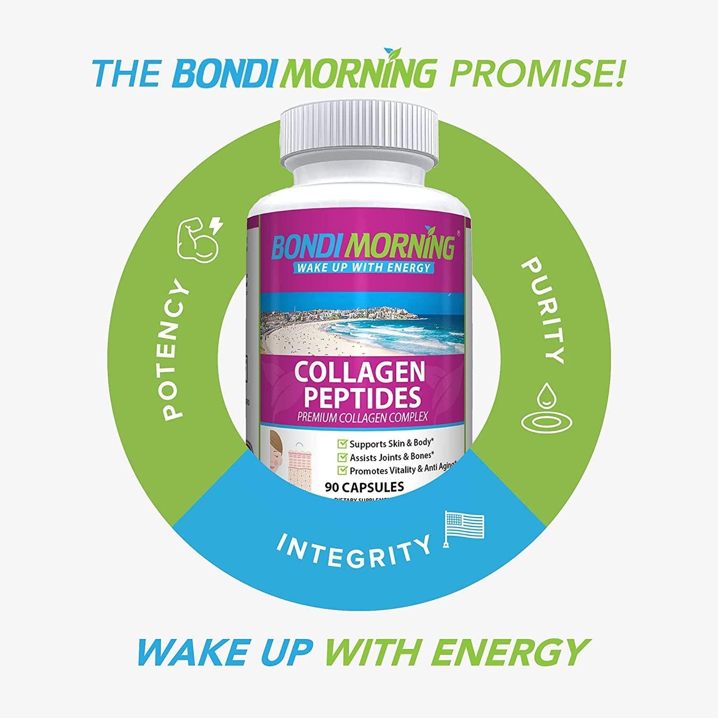 Bondi Morning - Collagen Peptides, Collagen Capsules for Skin and Bone Health, and Joint Support, 90 Capsules