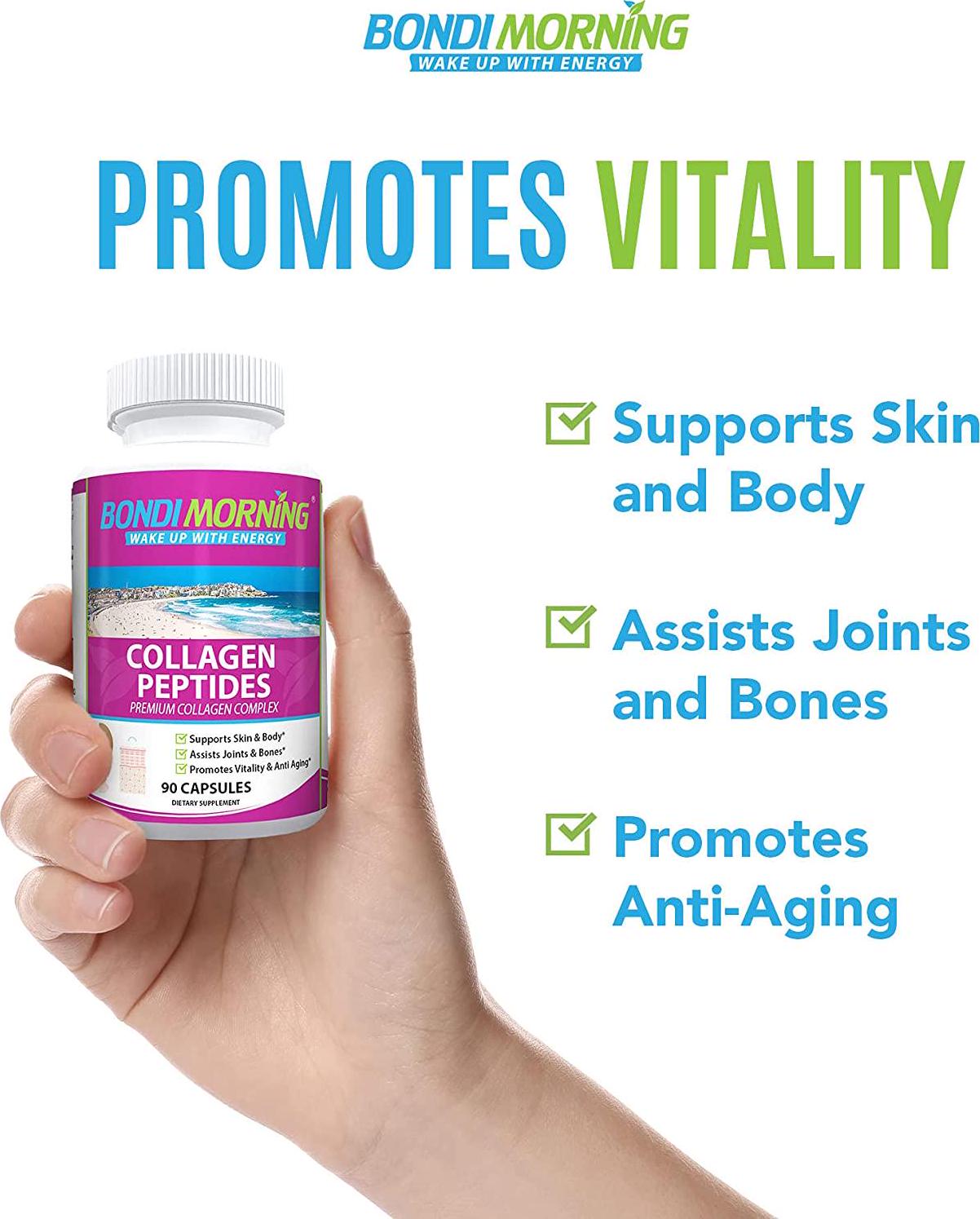 Bondi Morning - Collagen Peptides, Collagen Capsules for Skin and Bone Health, and Joint Support, 90 Capsules