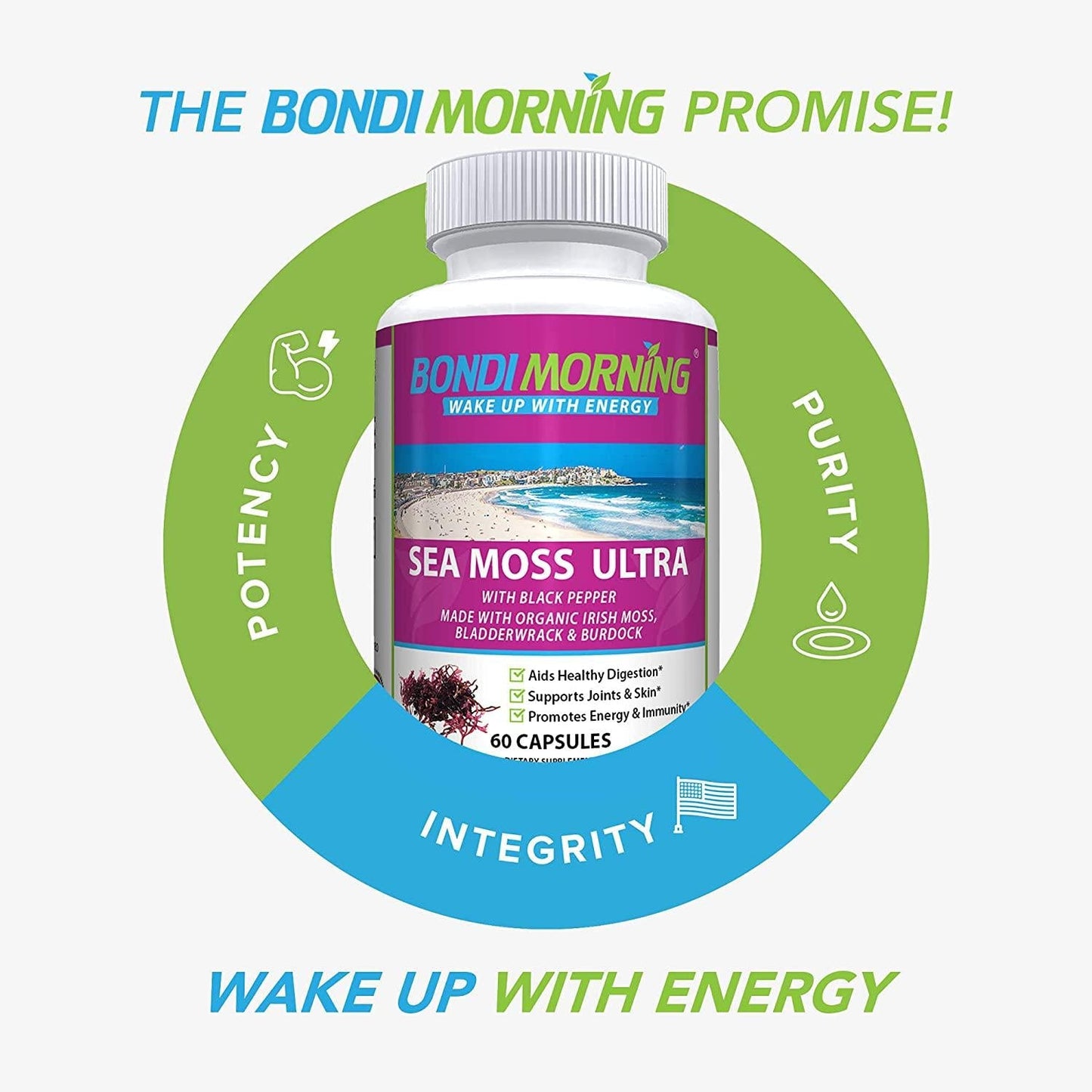 Bondi Morning - Sea Moss Ultra, Organic Irish Moss for Better Digestion, Energy Pills for Women and Men, 60 Capsules