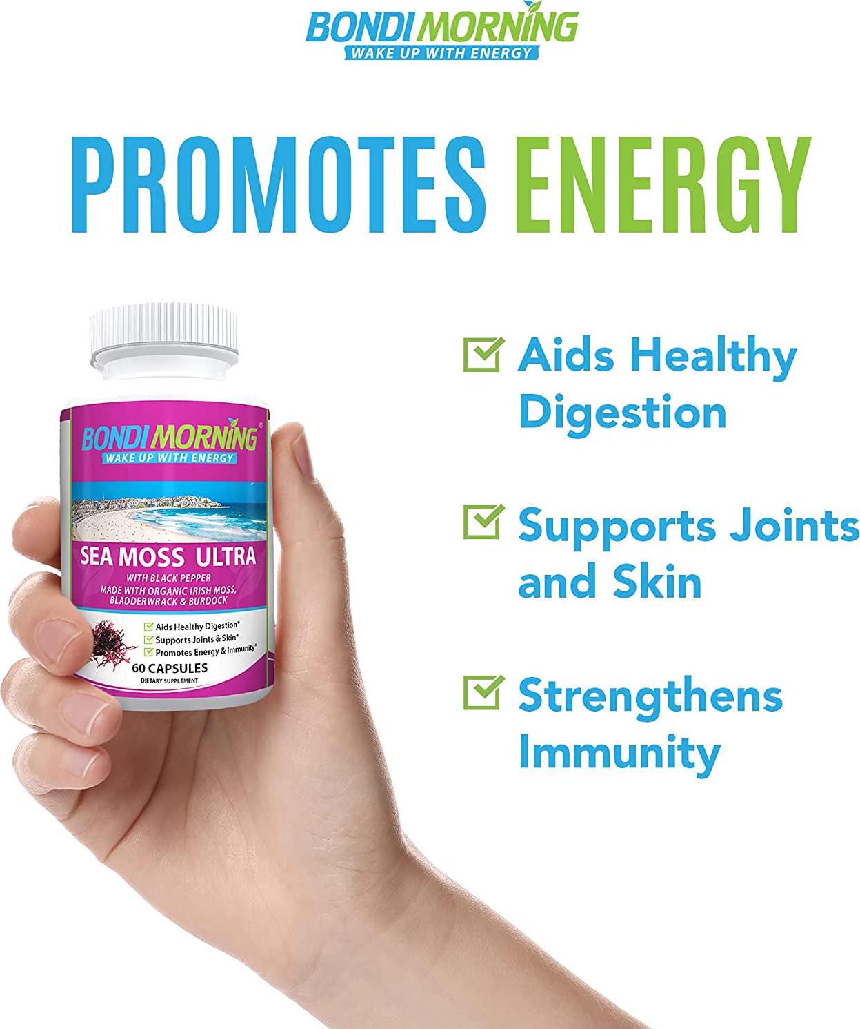 Bondi Morning - Sea Moss Ultra, Organic Irish Moss for Better Digestion, Energy Pills for Women and Men, 60 Capsules