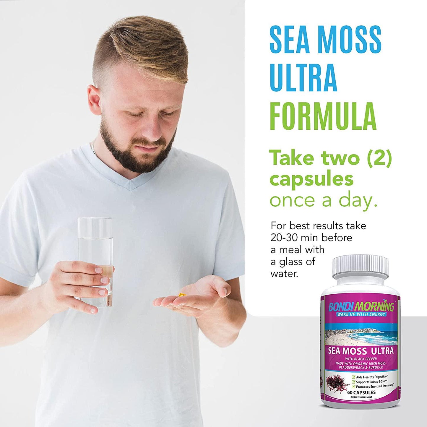 Bondi Morning - Sea Moss Ultra, Organic Irish Moss for Better Digestion, Energy Pills for Women and Men, 60 Capsules