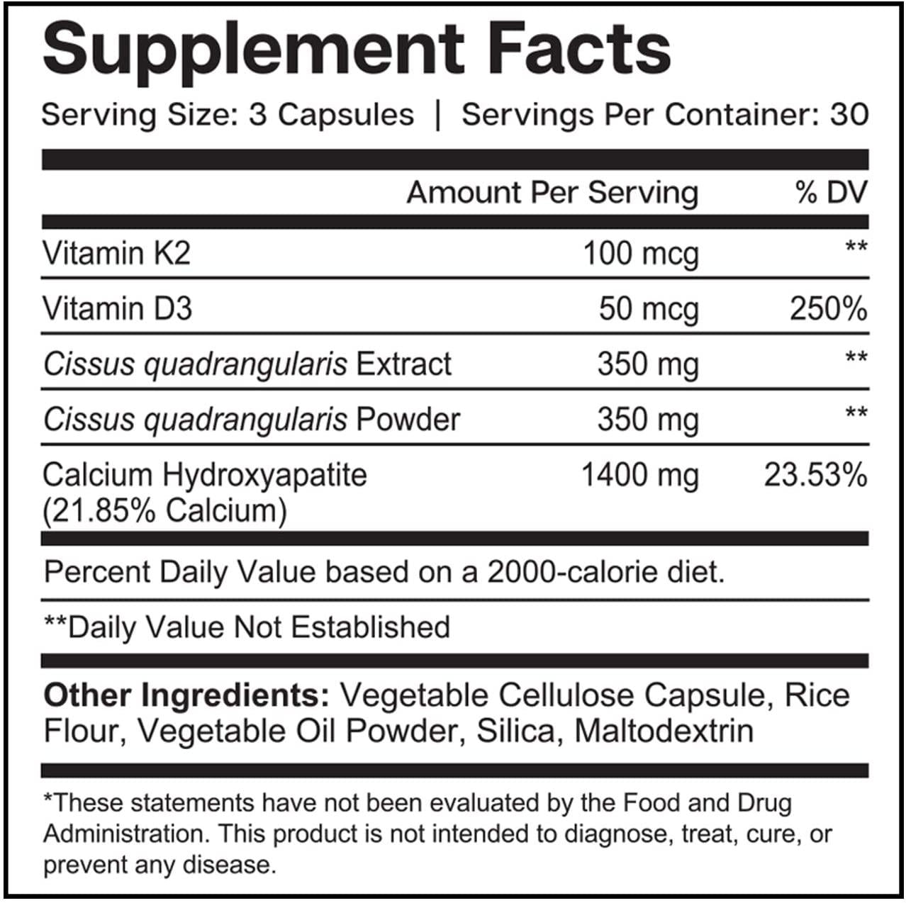 Bone Boost Bone Health Supplement - Calcium, Vitamin D3, K2, Cissus Quadrangularis | Essential Elements for Bone Strength - 90 Capsules (30 Day Supply)