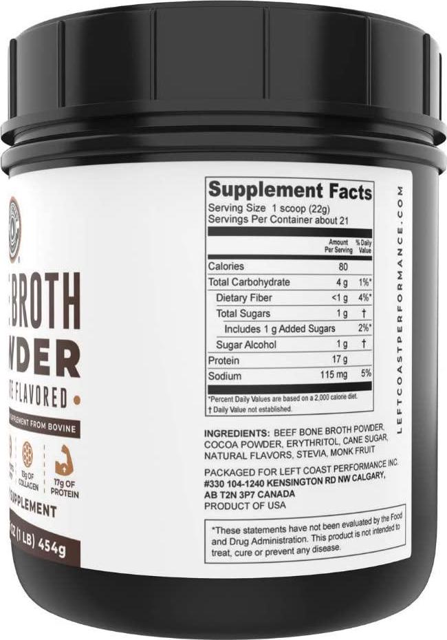 Bone Broth Protein Powder Chocolate 16Oz, Grass Fed - Non-GMO, Gut-Friendly, Dairy Free Protein Powder, Left Coast Performance