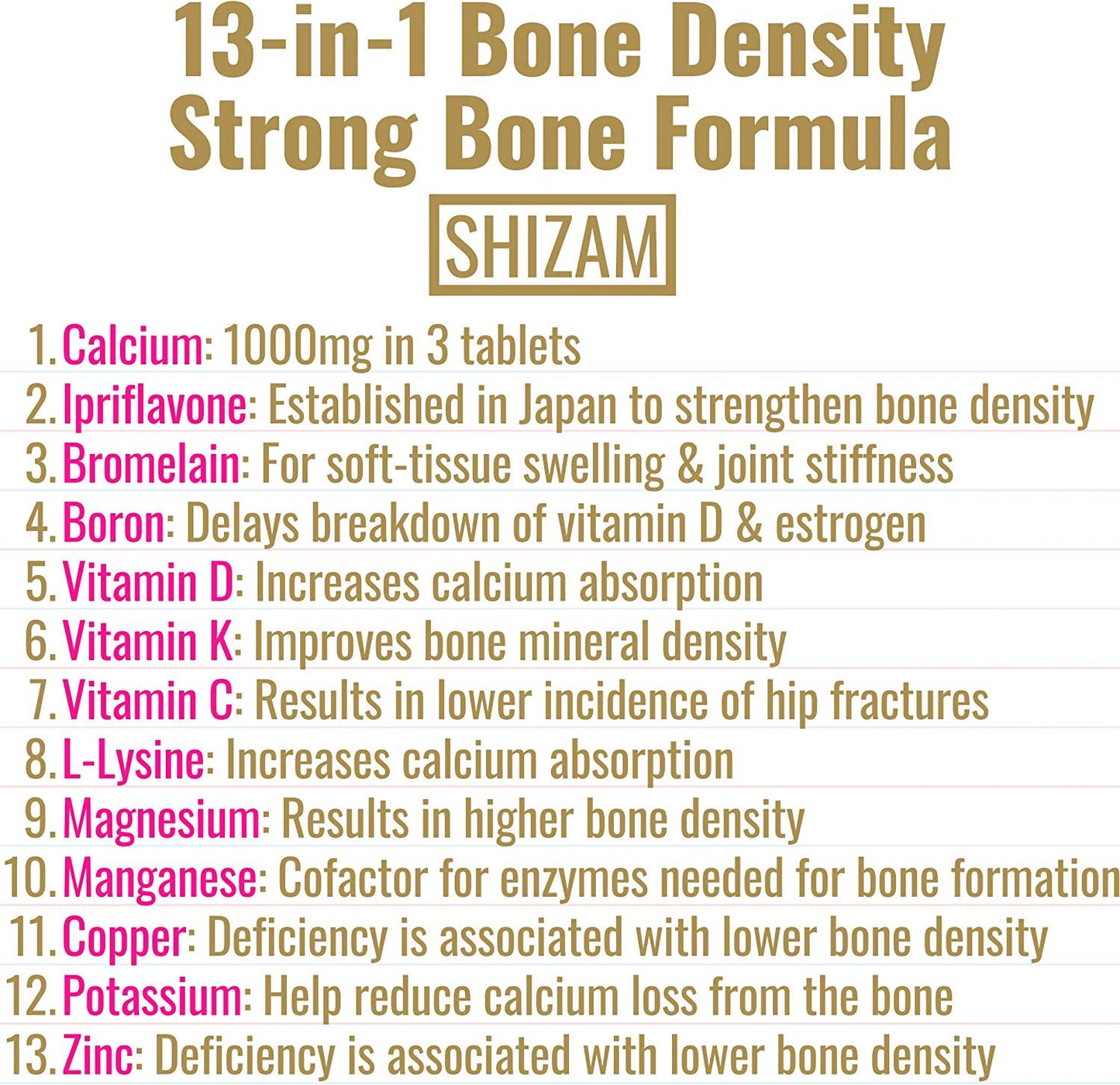 Bone Density Support Vitamin Supplements for Women and Men. Strong Bones Calcium Joint Health Complex w Magnesium Potassium D-3 K-1 C Copper Zinc Manganese Ipriflavone Boron Lysine Bromelain